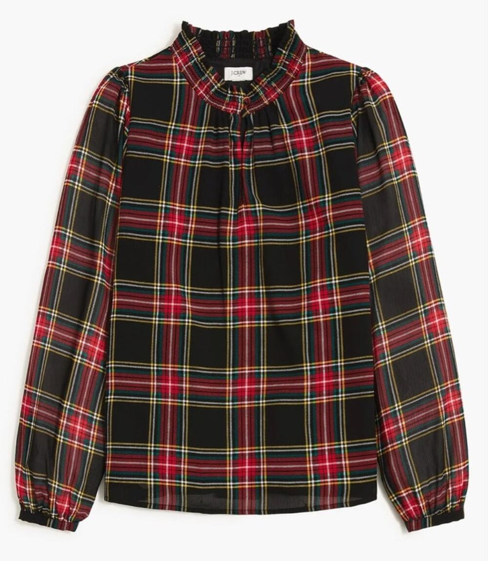 J.Crew Tartan Plaid Smocked Neck‎ Keyhole Blouse Preppy Top Size M
